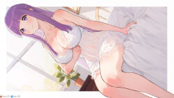 Rule 34 | 1girl, bare arms, bare legs, bare shoulders, blunt bangs, blush, breasts, cleavage, closed mouth, dan-98, dutch angle, fern (sousou no frieren), highres, indoors, large breasts, long hair, looking at viewer, nightgown, on bed, plant, potted plant, purple eyes, purple hair, see-through, sidelocks, sitting, solo, sousou no frieren, thighs