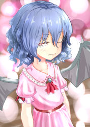 Rule 34 | 1girl, ascot, bat wings, blue hair, blurry, blurry background, blush, brooch, closed mouth, collarbone, danmaku, dress, eyelashes, flat chest, gennkimaru11, hair between eyes, half-closed eye, highres, jewelry, looking at viewer, no headwear, one eye closed, pink dress, red ascot, red eyes, remilia scarlet, short hair, solo, touhou, upper body, wavy hair, wings
