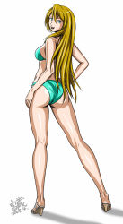 Rule 34 | aqua bikini, ass, back, bikini, blonde hair, blue eyes, high heels, legs, long hair, looking back, sandals, shoes, solo, swimsuit, tomizofu