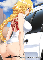 Rule 34 | 1girl, :d, ass, back, back tattoo, bare shoulders, black panties, blonde hair, blue eyes, blue sky, blush, braid, breasts, cactus, clenched hands, cloud, fate/apocrypha, fate/grand order, fate (series), hellandheaven, highres, jeanne d&#039;arc (fate), jeanne d&#039;arc (girl from orleans) (fate), jeanne d&#039;arc (ruler) (fate), large breasts, long braid, looking down, open mouth, outdoors, panties, unworn panties, pout, shirt, sidelocks, single braid, sky, sleeveless, sleeveless shirt, smile, standing, sweat, tattoo, thighs, underwear, undressing, white shirt