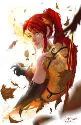 Rule 34 | 1girl, autumn leaves, blonde hair, breasts, elbow gloves, forehead protector, gloves, green eyes, highres, long hair, md5 mismatch, nikusenpai, polearm, ponytail, pyrrha nikos, red hair, resized, resolution mismatch, rwby, sad smile, shield, smile, solo, source smaller, spear, spoilers, tears, upscaled, weapon