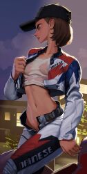 Rule 34 | absurdres, baseball cap, biker clothes, brown hair, clothes writing, hat, heavy breathing, highres, jacket, leather, leather jacket, midriff, navel, night, night sky, open fly, original, pants, rifleman1130, see-through, see-through shirt, shirt, short hair, sky, unzipped, wet, wet clothes, wet shirt, white jacket, white pants