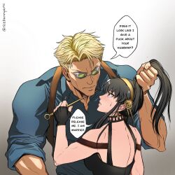 Rule 34 | 1boy, 1girl, bare shoulders, black dress, black hair, blonde hair, blue shirt, breasts, cleavage, collared shirt, crossover, dagger, dress, earrings, english text, flower, formal, gloves, goggles, gold earrings, gold hairband, hair ornament, hairband, highres, holding, holding another&#039;s hair, holding dagger, holding hair, holding knife, holding weapon, jewelry, jujutsu kaisen, knife, large breasts, long hair, long sleeves, nanami kento, out of character, red eyes, ricebunnyarts, shirt, short hair, sidelocks, spy x family, standing, stiletto (weapon), two-sided dress, two-sided fabric, undercut, upper body, weapon, yor briar