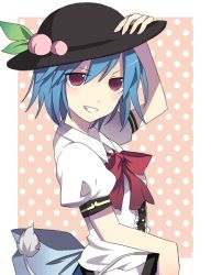 Rule 34 | 1girl, alternate hair length, alternate hairstyle, blue hair, blush, bow, bowtie, dress, female focus, food, from side, fruit, grin, hand on headwear, hat, hinanawi tenshi, peach, red eyes, short hair, smile, solo, standing, sword, sword of hisou, touhou, uiru, weapon