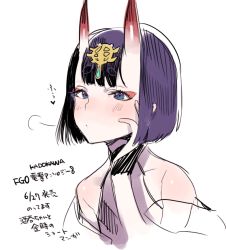 Rule 34 | 1girl, bad id, bad pixiv id, bare shoulders, blue eyes, blunt bangs, bob cut, bored, fate/grand order, fate (series), horns, nito (siccarol), purple hair, short hair, shuten douji (fate), simple background, solo, thick eyebrows, translation request, white background