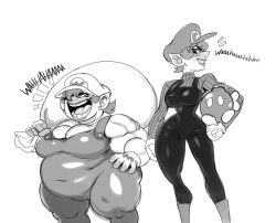 Rule 34 | 2girls, breasts, cleavage, curvy, english text, fat, genderswap, genderswap (mtf), grin, hair over one eye, hat, large breasts, mario (series), modeseven, monochrome, multiple girls, nintendo, open mouth, overalls, pointy ears, short hair, simple background, smile, standing, super mario bros. 1, sweater, text focus, waluigi, wario, white background, wide hips