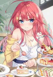 Rule 34 | 1girl, absurdres, ahoge, bare shoulders, blue eyes, cake, cake slice, closed mouth, commentary request, dated, dress, food, fork, fruit, go-toubun no hanayome, hair ornament, highres, holding, jacket, lemon, long hair, looking at viewer, mousse (food), nakano itsuki, off shoulder, open clothes, open jacket, plate, plate stack, red hair, sakura honoka (srhk0623), sleeveless, sleeveless dress, solo, spaghetti strap, star (symbol), star hair ornament, strawberry shortcake, tiered tray, white dress, yellow jacket