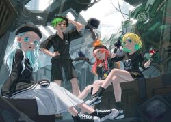 Rule 34 | 1boy, 3girls, :d, :o, amano pikamee, beanie, beret, black footwear, black hairband, black headwear, black shirt, black shorts, black socks, blonde hair, blue eyes, blue hair, cigarette, collarbone, colored inner hair, commentary, crate, cup, daimonji ryugon, dress, drinking glass, english commentary, fire, gas mask, green hair, grin, gyari (bird), hair down, hairband, hand up, haneuzu miuneru, hat, highres, hikasa tomoshika, holding, holding cup, holding mask, light rays, long hair, long sleeves, looking at viewer, mask, monitor, multicolored hair, multiple girls, open mouth, oxygenvil, pleated dress, red eyes, red hair, shirt, shoes, short hair, short sleeves, shorts, sitting, sleeves past fingers, sleeves past wrists, smile, smoking, sneakers, socks, standing, two-tone hair, virtual youtuber, voms, white dress, white hair, wine glass, yellow eyes