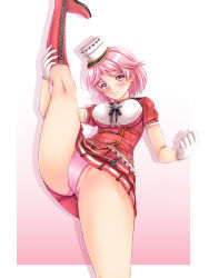 Rule 34 | 1girl, absurdres, boots, breasts, cowboy shot, giuseppe garibaldi (kancolle), gloves, highres, kantai collection, kneepits, large breasts, leg lift, leg up, miniskirt, panties, pink eyes, pink hair, pink panties, pleated skirt, red footwear, red shirt, red skirt, shirt, short hair, short sleeves, siki2046, skirt, solo, split, standing, standing on one leg, standing split, underwear, white gloves, white headwear