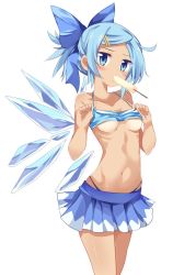 Rule 34 | 1girl, alternate hairstyle, bare arms, bare legs, bare shoulders, bikini, bikini skirt, bikini top lift, black bikini, blue bikini, blue bow, blue skirt, blush, bow, breasts, cirno, clothes lift, collarbone, detached wings, eating, eyelashes, fairy wings, food, hair bow, hair ornament, hairclip, head tilt, hidden star in four seasons, highleg, highleg bikini, ice, ice wings, legs together, lifted by self, looking at viewer, maturiuta sorato, microskirt, miniskirt, mismatched bikini, mouth hold, navel, pleated skirt, ponytail, popsicle, revealing clothes, short ponytail, simple background, skirt, small breasts, solo, standing, stomach, strap gap, swept bangs, swimsuit, tan, tanned cirno, thong, touhou, underboob, white background, wings