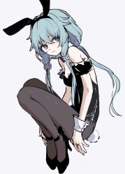 Rule 34 | 1girl, alternate costume, animal ears, arms at sides, black collar, black footwear, black hairband, black leotard, blue eyes, blue hair, bow, boyano, breasts, brown pantyhose, cleavage, closed mouth, collar, detached collar, dot nose, fake animal ears, fetal position, flower, footwear bow, hair flower, hair ornament, hairband, high heels, knees up, leotard, light blue hair, looking at viewer, low-tied sidelocks, magia record: mahou shoujo madoka magica gaiden, mahou shoujo madoka magica, medium breasts, off-shoulder leotard, pantyhose, playboy bunny, puffy short sleeves, puffy sleeves, rabbit ears, rabbit tail, sena mikoto, short sleeves, simple background, smile, solo, strappy heels, tail, tri tails, white background, white flower, white wrist cuffs, wrist cuffs