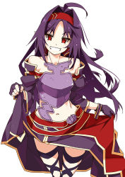 Rule 34 | 1girl, ahoge, armor, bare shoulders, breastplate, clothes lift, detached sleeves, fingerless gloves, gloves, highres, long hair, midriff, navel, purple armor, purple gloves, purple hair, purple sleeves, red eyes, shikei, simple background, skirt, skirt lift, smirk, solo, sword art online, thighhighs, thighs, waist cape, white background, yuuki (sao)