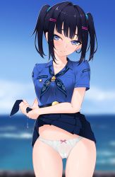 Rule 34 | 1girl, :s, absurdres, black hair, black ribbon, black skirt, blue eyes, blue shirt, blunt bangs, blurry, blurry background, blush, bow, bow panties, breast pocket, breasts, cameltoe, cleft of venus, closed mouth, clothes lift, clover, collarbone, collared shirt, cowboy shot, crotch seam, depth of field, gluteal fold, hair ornament, hairclip, highres, horizon, lifted by self, looking at viewer, medium breasts, miniskirt, neck ribbon, ocean, original, panties, pleated skirt, pocket, ribbon, shirt, short hair, short sleeves, short twintails, side ponytail, skirt, skirt lift, solo, thighs, twintails, underwear, upskirt, water, wet, wet clothes, white panties, wringing clothes, z.taiga