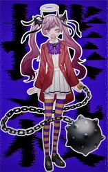 Rule 34 | 1girl, absurdres, arms at sides, ball and chain (weapon), bat hair ornament, black footwear, blazer, blush stickers, bokusatsu tenshi dokuro-chan, bow, bowtie, collared shirt, commentary request, cosplay, dress shirt, full body, hair ornament, halo, highres, holding flail, jacket, loafers, long hair, long sleeves, looking at viewer, mahou shoujo minky pinky, mitsukai dokuro, mitsukai dokuro (cosplay), napoli no otokotachi, one eye closed, open clothes, open jacket, open mouth, orange thighhighs, outline, pleated skirt, purple background, purple bow, purple bowtie, purple eyes, purple hair, purple thighhighs, red jacket, shirt, shirt tucked in, shoes, skirt, smile, solo, spiked ball and chain, standing, striped clothes, striped thighhighs, text background, thighhighs, twintails, white outline, white shirt, white skirt, za (sametapizza )