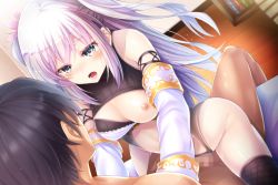 Rule 34 | 1boy, 1girl, :o, arm warmers, artist request, black hair, black leotard, black thighhighs, breasts, censored, clothed female nude male, clothed sex, cyrtanthus (flower knight girl), flower knight girl, game cg, girl on top, green eyes, hetero, leotard, long hair, looking at another, medium breasts, mosaic censoring, nipples, nude, official art, one breast out, sex, silver hair, straddling, thighhighs, two side up, vaginal