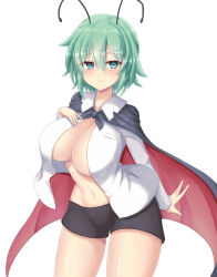 Rule 34 | 1girl, alternate breast size, antennae, black cape, black shorts, blush, breasts, cape, cleavage, closed mouth, collared shirt, commentary request, cowboy shot, green eyes, green hair, hair between eyes, highres, large breasts, long bangs, long sleeves, looking at viewer, navel, no bra, open clothes, open shirt, red cape, shiny skin, shirt, short hair, short shorts, shorts, simple background, smile, solo, touhou, two-sided cape, two-sided fabric, white background, white shirt, wriggle nightbug, yuunagi (yunagi1373)