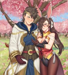 Rule 34 | 1boy, 1girl, animal ears, breasts, brown hair, cherry blossoms, cleavage, commentary, commission, couple, english commentary, fake animal ears, fire emblem, fire emblem fates, fire emblem heroes, hetero, hiomaika, kagero (fire emblem), kagero (spring) (fire emblem), kiran (fire emblem), kiran (male) (fire emblem), large breasts, leotard, nintendo, official alternate costume, playboy bunny, rabbit ears