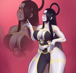 Rule 34 | 1girl, \n/, absurdres, blush, bodypaint, breasts, cleavage, colored skin, commentary, commission, english commentary, feet, female seth (street fighter), fraankyy, grey skin, hair over one eye, halo, hand on own hip, highres, large breasts, long hair, looking at viewer, metal skin, muscular, nail polish, neon trim, orb, painted clothes, smile, solo, standing, straight hair, street fighter, street fighter v, thick thighs, thighs, toes, very long hair, wide hips, yin yang, yin yang orb