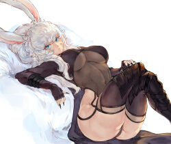 Rule 34 | 1girl, animal ears, armor, warrior of light (ff14), black cape, black gloves, black jacket, black leotard, black nails, black thighhighs, blue eyes, breasts, cape, closed mouth, coat, commentary, covered navel, cropped jacket, crossed legs, english commentary, final fantasy, final fantasy xiv, fingerless gloves, fingernails, gloves, jacket, large breasts, leotard, long fingernails, long hair, looking at viewer, original, rabbit ears, rabbit girl, see-through, see-through leotard, sidelocks, sitting, solo, tezy8art, thighhighs, thighs, viera, white hair