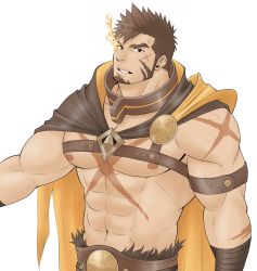 Rule 34 | 1boy, abs, bara, beard, belt, brown hair, cape, chest harness, cross scar, facial hair, flaming eye, harness, heracles (housamo), highres, large pectorals, long sideburns, looking at viewer, male focus, muscular, nipples, pectorals, porkjinta, scar, sideburns, simple background, solo, tokyo houkago summoners, topless male