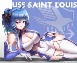 Rule 34 | 1girl, ahoge, arm support, armpits, azur lane, bare shoulders, blue gloves, blue hair, blue thighhighs, blush, breasts, cho!cho!, cleavage, covered navel, crossed bangs, dress, elbow gloves, garter straps, gloves, grin, hair between eyes, hair ornament, half-closed eyes, highres, large breasts, long hair, looking at viewer, lying, multicolored clothes, multicolored gloves, multicolored legwear, on side, parted lips, purple eyes, short dress, side-tie dress, side ponytail, sleeveless, sleeveless dress, smile, solo, st. louis (azur lane), taut clothes, taut dress, thighhighs, thighs, white gloves, white thighhighs