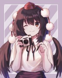 Rule 34 | 1girl, ;), bad id, bad pixiv id, black hair, black ribbon, black skirt, black wings, brown eyes, camera, cheunes, commentary, feathered wings, hair between eyes, hands up, hat, highres, holding, holding camera, holding pen, looking at viewer, neck ribbon, one eye closed, pen, pom pom (clothes), purple background, ribbon, shameimaru aya, shirt, short hair, short sleeves, skirt, smile, solo, tokin hat, touhou, upper body, white shirt, wings