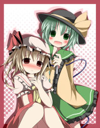 Rule 34 | 2girls, :d, ascot, blonde hair, blush, bow, fang, female focus, fever, flandre scarlet, frilled skirt, frills, green eyes, green hair, green skirt, hand on another&#039;s chest, hand on own chest, hat, hat bow, kazura, knees together feet apart, komeiji koishi, long sleeves, multiple girls, open mouth, red eyes, red skirt, skirt, skirt set, sleeves past wrists, smile, striped clothes, striped skirt, thermometer, touhou, wide sleeves
