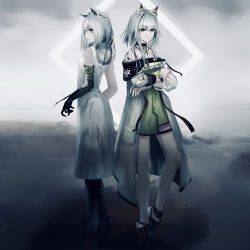Rule 34 | 2girls, absurdres, animal ear fluff, animal ears, arknights, bare shoulders, black choker, breasts, chinese commentary, choker, coat, commentary request, crossed arms, dress, dual persona, full body, green dress, green eyes, halterneck, highres, kal&#039;tsit (arknights), long sleeves, looking at viewer, mackia, material growth, multiple girls, off-shoulder dress, off shoulder, open clothes, open coat, oripathy lesion (arknights), pixiv fantasia, profile, short dress, short hair, silver hair, small breasts, standing, stethoscope, watch, white coat, white dress, wristwatch