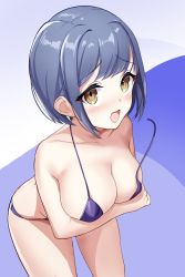 Rule 34 | 1girl, :d, akamoku, arm under breasts, bad id, bad pixiv id, bikini, blue hair, blush, breast hold, breasts, brown eyes, cleavage, collarbone, commentary request, gradient background, highres, large breasts, leaning forward, looking at viewer, open mouth, original, purple background, purple bikini, sidelocks, smile, solo, swimsuit, wardrobe malfunction, white background