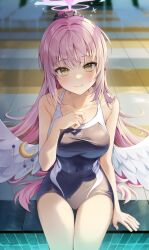 Rule 34 | 1girl, absurdres, angel wings, arm support, blue archive, blush, collarbone, covered navel, feathered wings, hair ornament, hair scrunchie, hair spread out, halo, head tilt, highres, looking at viewer, mika (blue archive), one-piece swimsuit, pink hair, ponytail, poolside, school swimsuit, scrunchie, sitting, smile, solcha, solo, swimsuit, white wings, wings