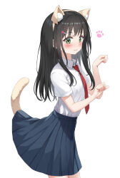Rule 34 | 1girl, :3, absurdres, animal ear fluff, animal ears, black hair, black skirt, blush, brown hairband, cat ears, cat tail, closed mouth, collared shirt, fake animal ears, food-themed hair ornament, green eyes, hair ornament, hairband, hairclip, hands up, highres, long hair, looking at viewer, necktie, nedia (nedia region), original, paw pose, pleated skirt, red necktie, shirt, short sleeves, simple background, skirt, solo, strawberry hair ornament, tail, very long hair, white background, white shirt