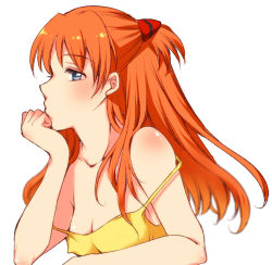 Rule 34 | 1girl, bare arms, bare shoulders, blue eyes, blurry, blush, body blush, breasts, chemise, cleavage, clenched hand, collarbone, covered erect nipples, depth of field, dress, hair ornament, head rest, light brown hair, long hair, neon genesis evangelion, no bra, off shoulder, orange hair, profile, rebuild of evangelion, simple background, solo, souryuu asuka langley, strap slip, two side up, upper body, white background, yellow dress, yoshii yumi