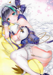 Rule 34 | 1girl, :3, aqua eyes, aqua hair, artist name, azur lane, black hair, breasts, cheshire (azur lane), cleavage, closed mouth, dated, fang, frilled thighhighs, frills, garter straps, large breasts, legs, looking at viewer, lying, marker (medium), multicolored hair, nordic niku, on side, smile, solo, thighhighs, traditional media, two-tone hair, white thighhighs