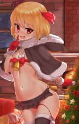 Rule 34 | 1girl, belt, black cape, black skirt, black thighhighs, blush, box, cape, capelet, chiroshiron, christmas, christmas tree, commentary request, curtains, finger to mouth, flat chest, fur-trimmed capelet, fur-trimmed legwear, fur trim, gift, gift box, gloves, hair ribbon, hand up, highres, index finger raised, looking at viewer, microskirt, navel, night, o-ring, open mouth, panties, pom pom (clothes), red eyes, red gloves, red panties, red ribbon, revision, ribbon, rumia, shushing, side-tie panties, skirt, solo, star (symbol), stomach, sweatdrop, thighhighs, touhou, underwear, untied panties, window