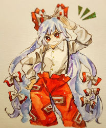 Rule 34 | 1girl, baggy pants, bow, buttons, collared shirt, contrapposto, cropped legs, fujiwara no mokou, hair bow, hime cut, key747h, light smile, long hair, long sleeves, looking at viewer, ofuda, ofuda on clothes, painting (medium), pants, paper texture, photoshop (medium), red eyes, red pants, ribbon, shirt, sidelocks, solo, suspenders, touhou, traditional media, very long hair, watercolor (medium), white hair, white shirt