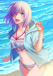 Rule 34 | 1girl, beach, bikini, blue jacket, blush, breasts, cleavage, collarbone, commentary request, dated, fate/grand order, fate (series), fingernails, hair over one eye, hood, hood down, hooded jacket, jacket, light purple hair, looking at viewer, mash kyrielight, mash kyrielight (swimsuit of perpetual summer ver.02), medium breasts, multicolored bikini, multicolored clothes, multicolored swimsuit, navel, ocean, official alternate costume, one eye covered, open clothes, open jacket, open mouth, outdoors, purple eyes, sand, see-through, short hair, short sleeves, signature, smile, solo, striped bikini, striped clothes, swimsuit, thighs, tongue, water, yuuzuki230