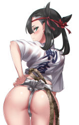 Rule 34 | 1girl, alternate costume, ass, black hair, blush, breasts, closed mouth, clothes writing, cowboy shot, creatures (company), earrings, from behind, fundoshi, game freak, green eyes, hachimaki, hair ribbon, hand on own hip, headband, highres, japanese clothes, jewelry, leaning forward, long hair, looking at viewer, looking back, marnie (pokemon), mizu happi, nejiri hachimaki, nintendo, partially visible vulva, pokemon, pokemon swsh, red ribbon, ribbon, rope, see-through, short sleeves, simple background, small breasts, solo, sweat, tango (tn500), twintails, white background