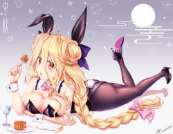 Rule 34 | 1girl, animal ears, ass, bare shoulders, blonde hair, blush, bow, bowtie, braid, breasts, cleavage, date a live, drink, fake animal ears, food, hair bow, hair ribbon, hand up, high heels, highres, hoshimiya mukuro, large breasts, leg lift, leotard, long hair, lying, on stomach, open mouth, pantyhose, pink bow, pink bowtie, playboy bunny, rabbit ears, rabbit tail, ribbon, solo, tail, tsubasaki, yellow eyes