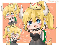 Rule 34 | !?, +++, ..., 2girls, \o/, arms up, bad id, bad pixiv id, black choker, black dress, blonde hair, blue eyes, blush, border, bowsette, bracelet, breasts, brooch, chibi, choker, cleavage, crown, dress, earrings, fangs, hand to own mouth, highres, honyang, horns, jewelry, mario (series), multiple girls, multiple views, new super mario bros. u deluxe, nintendo, nose blush, orange background, outstretched arms, pointy ears, ponytail, princess peach, shell, sidelocks, spiked bracelet, spiked choker, spiked tail, spikes, spoken ellipsis, strapless, strapless dress, super crown, tail, turtle shell, twitter username, white border