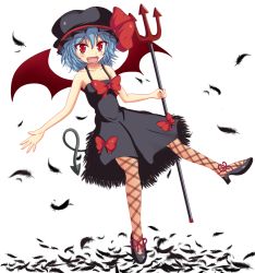 Rule 34 | 1girl, bat wings, blue hair, demon tail, dress, fang, feathers, female focus, fishnet pantyhose, fishnets, full body, hat, kurowana, pantyhose, polearm, red eyes, remilia scarlet, solo, spear, tail, touhou, trident, weapon, white background, wings