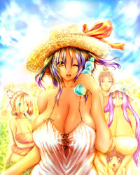 Rule 34 | 2boys, 3girls, age difference, blue eyes, bottle, breasts, child, curvy, dress, family, flower, gigantic breasts, glasses, hat, highres, huge breasts, sagging breasts, long hair, looking at viewer, mature female, mother and daughter, multiple boys, multiple girls, no bra, open mouth, original, outdoors, popsicle, purple hair, red eyes, short hair, smile, standing, summer, sundress, sunflower, tsukasawa takamatsu, water bottle, wink