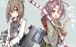 Rule 34 | 10s, 2girls, :d, ;d, amano kouki, anchor, blush, bow (weapon), brown eyes, brown hair, camouflage, commentary request, flat chest, hachimaki, hair between eyes, hair ribbon, headband, headgear, high ponytail, highres, holding, holding weapon, japanese clothes, kantai collection, light brown hair, long hair, long sleeves, looking at viewer, machinery, md5 mismatch, multiple girls, muneate, mvp, one eye closed, open mouth, ponytail, quiver, resized, resolution mismatch, ribbon, short hair, simple background, skirt, smile, source smaller, taihou (kancolle), twitter username, upscaled, v, weapon, yellow eyes, zuihou (kancolle)