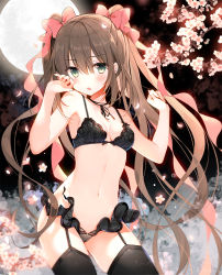 Rule 34 | 1girl, :o, bare arms, bare shoulders, black bra, black panties, black thighhighs, blush, bra, breasts, breasts apart, brown hair, cherry blossoms, collarbone, commentary request, contrapposto, cowboy shot, floating hair, frills, frown, full moon, furrowed brow, garter straps, green eyes, hair between eyes, hair ribbon, hands up, lingerie, long hair, looking at viewer, moon, navel, original, panties, parted lips, petals, pink ribbon, ribbon, sidelocks, small breasts, solo, standing, stomach, thighhighs, thighs, tree, twintails, twitter username, underwear, underwear only, very long hair, yadapot