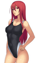 Rule 34 | 1girl, breasts, collarbone, competition swimsuit, covered navel, cowboy shot, hair between eyes, hand on own hip, highres, katagiri (a1466502), long hair, looking at viewer, one-piece swimsuit, original, red eyes, red hair, simple background, solo, swimsuit, very long hair, white background