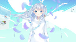 Rule 34 | 1girl, absurdres, ahoge, amatsuka uto, angel wings, bad id, bad pixiv id, blue background, blue eyes, blue hair, colored tips, detached sleeves, forgotten artist, hair ornament, hairclip, highres, hood, hoodie, indie virtual youtuber, long hair, long sleeves, looking at viewer, multicolored hair, open mouth, solo, tagme, twitter, upper body, virtual youtuber, white hoodie, wings, youtube