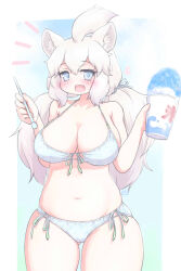 Rule 34 | 1girl, :d, animal ears, bikini, blue bikini, blue eyes, blush, breasts, cameltoe, cleavage, commentary request, cup, fang, food, front-tie bikini top, front-tie top, gluteal fold, heart, highres, holding, holding cup, holding spoon, kemono friends, large breasts, lion ears, lion girl, long hair, looking at viewer, low twintails, navel, notice lines, open mouth, shaved ice, side-tie bikini bottom, simple background, smile, solo, spoon, swimsuit, twintails, uho (uhoyoshi-o), very long hair, white hair, white lion (kemono friends)