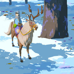 Rule 34 | 1other, black hair, blue shirt, deer, forest, green bag, highres, hood, katou oswaldo, looking to the side, nature, original, pants, purple pants, riding, shirt, snow, solo, winter