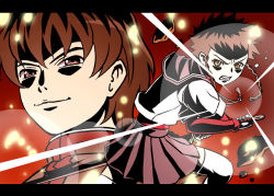 Rule 34 | 1boy, 1girl, beam, bm03, brown hair, fighting stance, kanzaki reito, letterboxed, light, looking at viewer, minagi mikoto, my-hime, parody, pleated skirt, powering up, red skirt, shaded face, short hair, skirt, style parody, tengen toppa gurren lagann