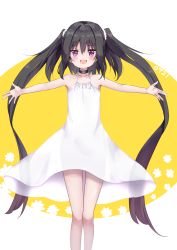 Rule 34 | 1girl, :d, amano kouki, bare arms, bare shoulders, black choker, black hair, blush, choker, collarbone, commentary request, dated, dress, hair between eyes, highres, long hair, looking at viewer, note-chan, open mouth, original, outstretched arms, purple eyes, sleeveless, sleeveless dress, smile, solo, spread arms, standing, two-tone background, two side up, very long hair, white background, white dress, yellow background
