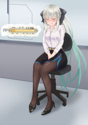 Rule 34 | 1girl, absurdres, belt, between legs, black bow, black footwear, black pantyhose, black skirt, blue hair, blue trim, blush, bow, braid, breasts, buttons, chair, clenched teeth, closed eyes, collarbone, collared shirt, embarrassed, fate/grand order, fate (series), female focus, full body, gameplay mechanics, gradient hair, grey hair, hair bow, hand between legs, have to pee, high heels, highres, ikayaki-san, indoors, knees together feet apart, long hair, long sleeves, medium breasts, miniskirt, morgan le fay (fate), multicolored hair, nose blush, office chair, office lady, on chair, pantyhose, pencil skirt, ponytail, shirt, shirt tucked in, shoes, side slit, sidelocks, sitting, skirt, solo, swivel chair, teeth, textless version, two-tone hair, urine meter, very long hair, white shirt